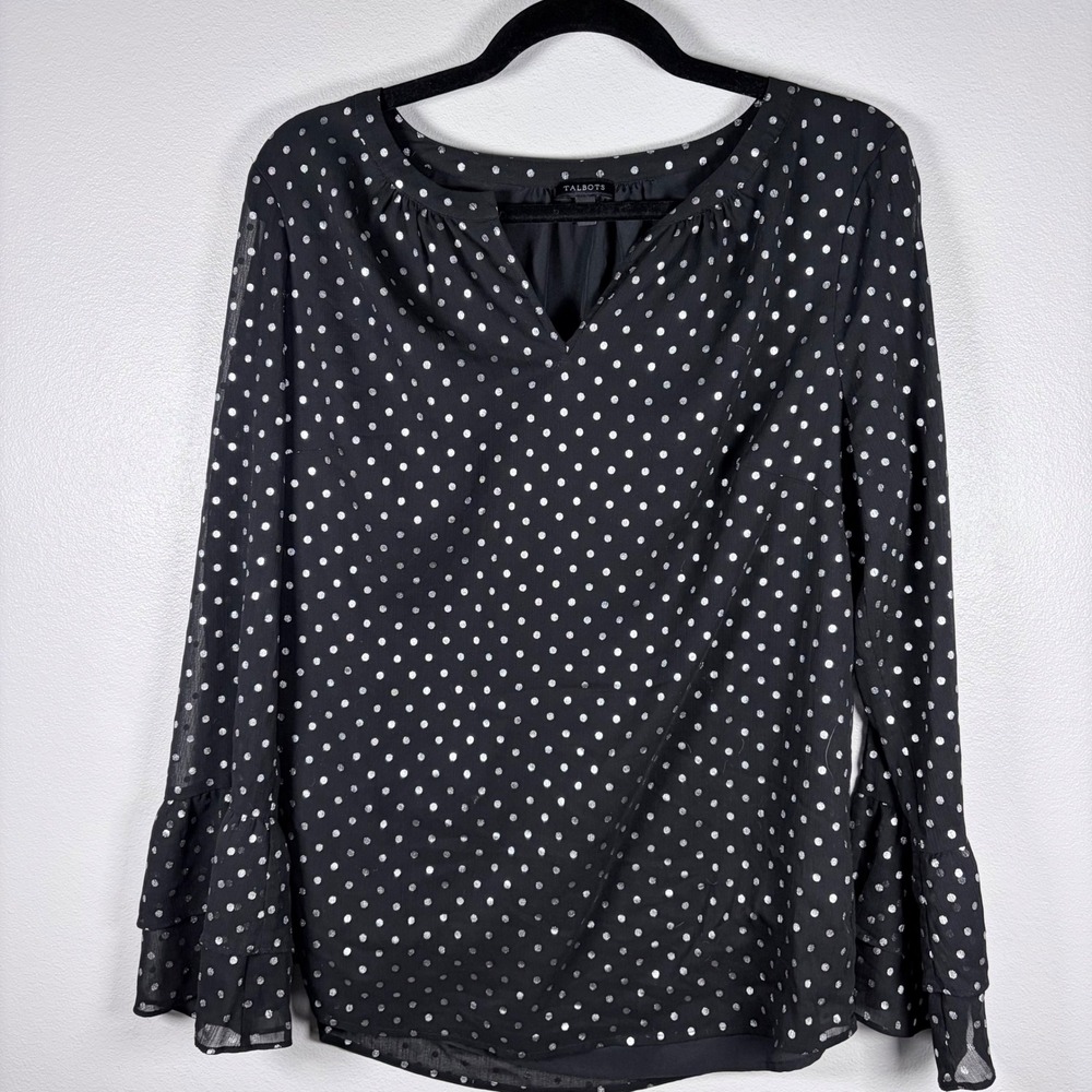 Talbots Womens Black Silver Metallic‎ Polka Dot Ruffle Bell Sleeve Blouse Top M